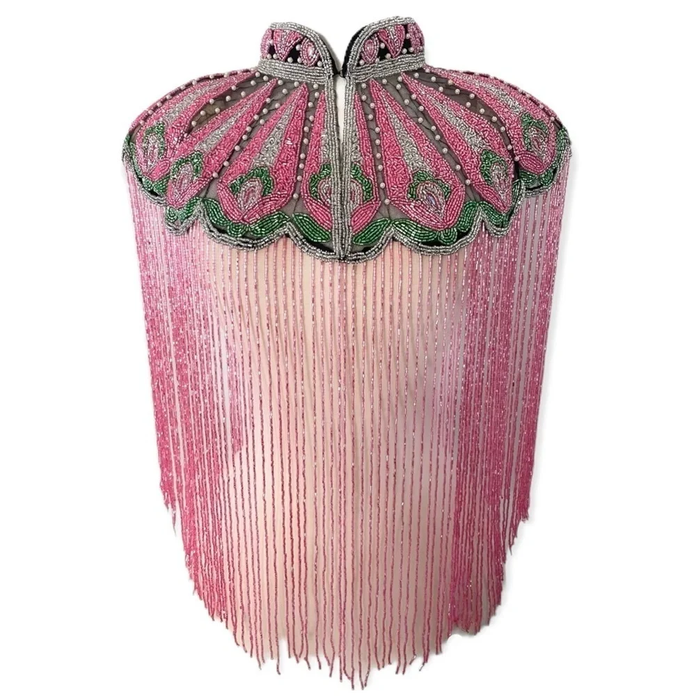 Pink Green and Pearls Hand beaded fringe Cape - Picture 3 of 7